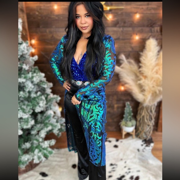 TURQUOISE BLUE & GREEN SEQUINS ON BLACK MESH LIMITED EDITION LONG DUSTER - Picture 3 of 7